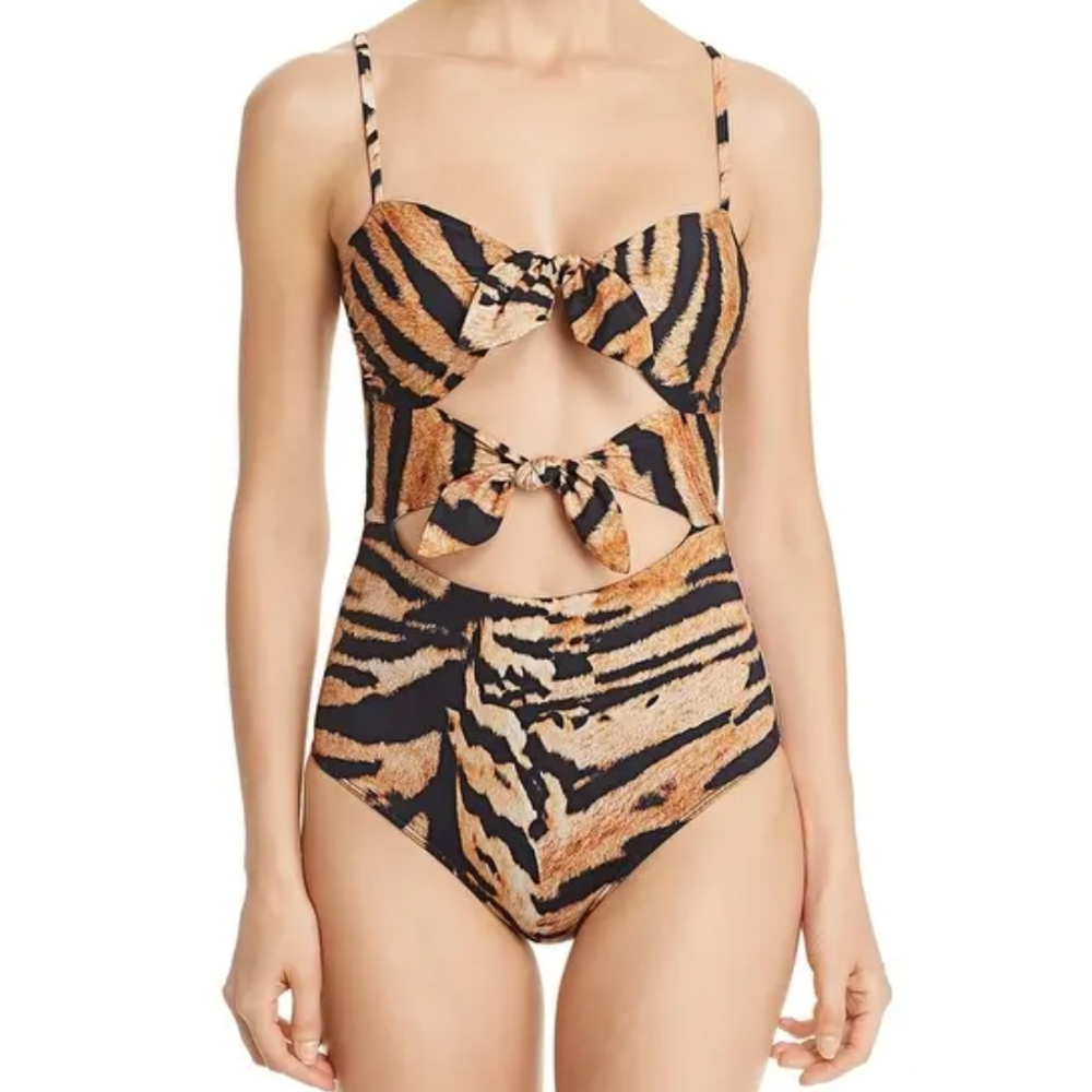 Beach Riot Mia Tiger Stripe Cutout One Puece Swimsuit Black Brown Large